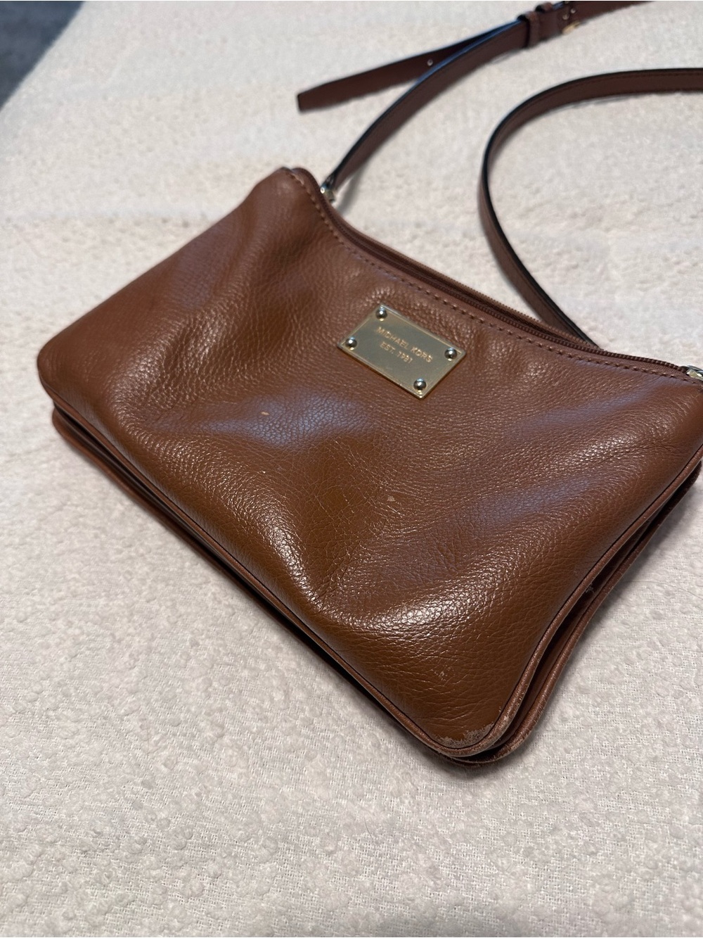 Michael Kors Brown Pebbled Leather Crossbody with Gold Plaque